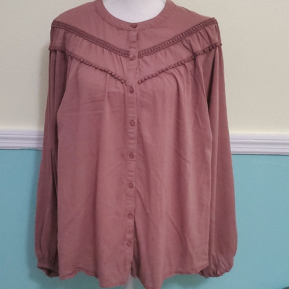 Old Navy Quartzite Mauve Lace Long Balloon Sleeves Buttoned Peasant Top Tall L